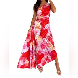 One Shoulder Asymmetrical Pleated Floral Maxi Dress with Peekaboo side Detail